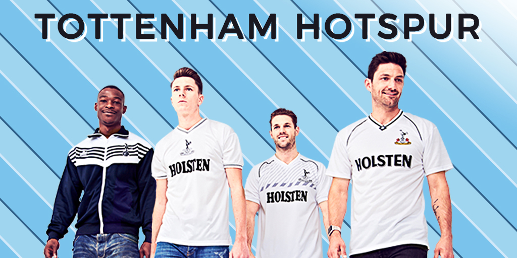 Four individuals wearing Tottenham Hotspur jerseys with 'Holsten' branding, standing in front of a blue striped background.