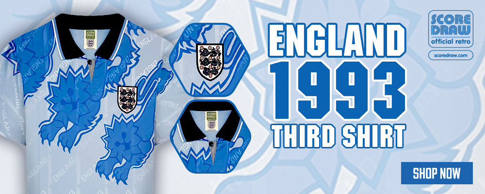 England 1993 third shirt featuring a blue and gray design with lion motifs and a black collar.