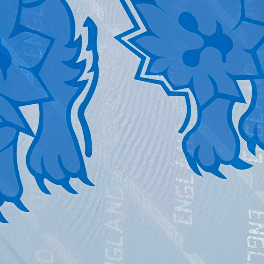 Close-up of a blue lion design on a light background, with the word 'ENGLAND' faintly visible in the pattern.